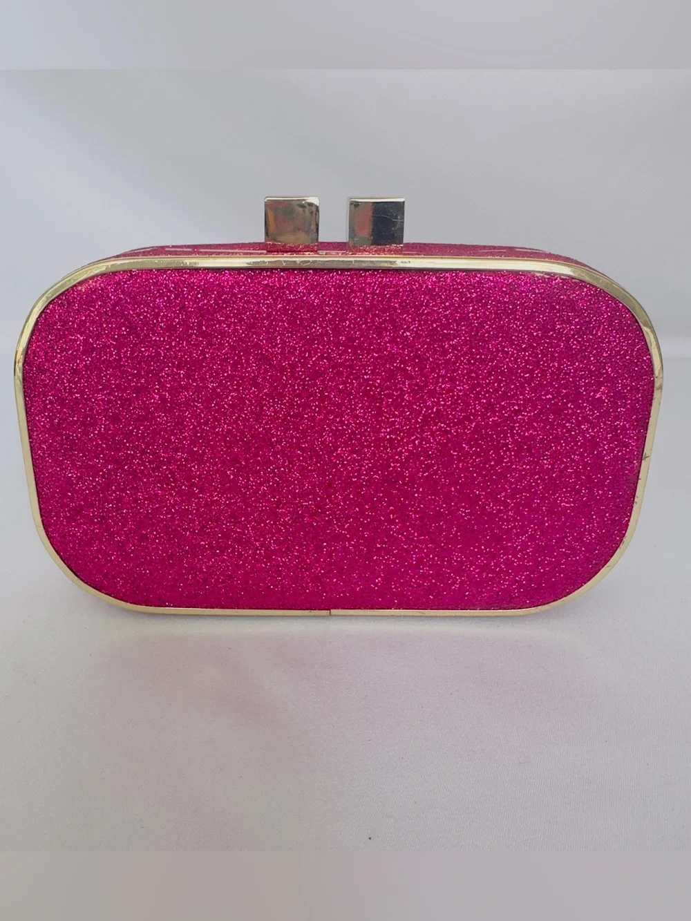 Mini Shoulder Clutch Oval Box Bag in Metallic Pink Glitter and Gold Kiss-Lock